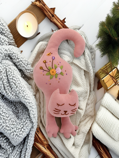 "Sweet Paws" Pink Cat Hugging Doll Featuring Hand Embroidery