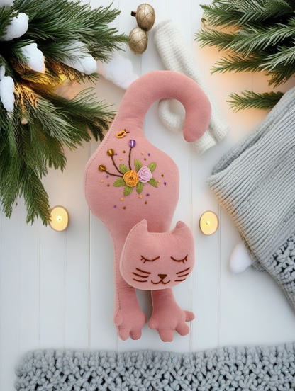 "Sweet Paws" Pink Cat Hugging Doll Featuring Hand Embroidery