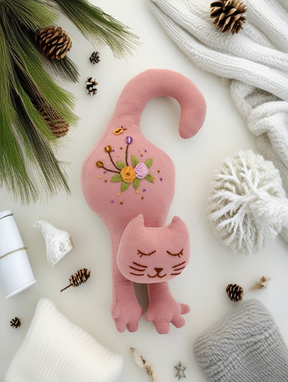 "Sweet Paws" Pink Cat Hugging Doll Featuring Hand Embroidery