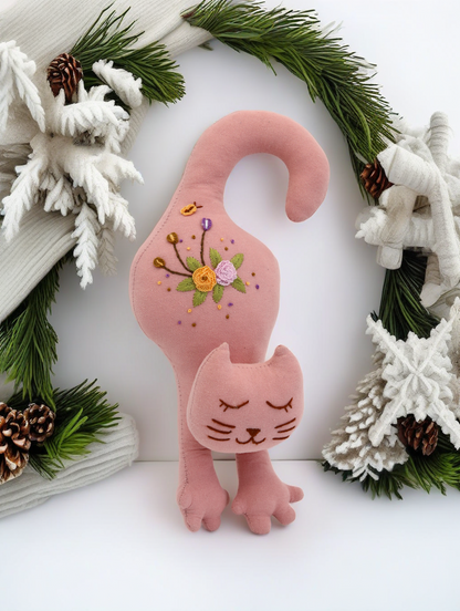 "Sweet Paws" Pink Cat Hugging Doll Featuring Hand Embroidery