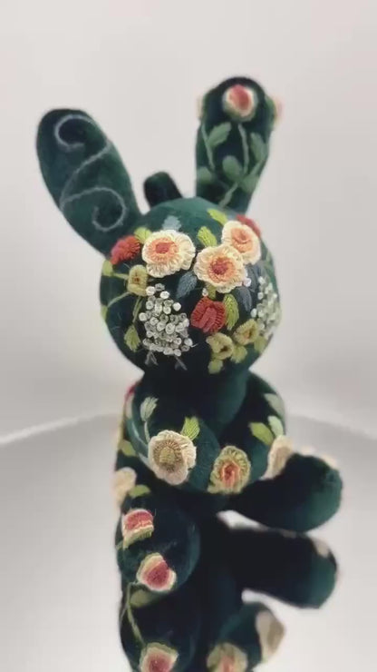 “Blooming Bliss” Vintage Green Bunny Fabric Companion Doll Featuring Hand Embroidery