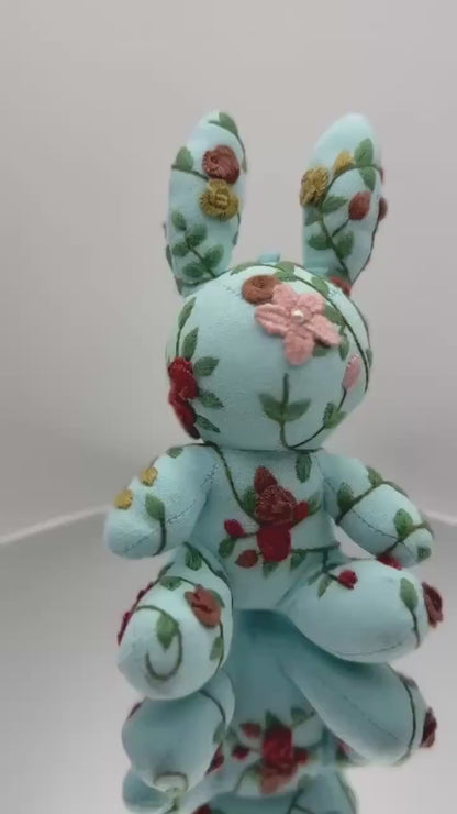 "Dreamy Wanderer" Blue Bunny Fabric Companion Doll Featuring Hand Embroidery